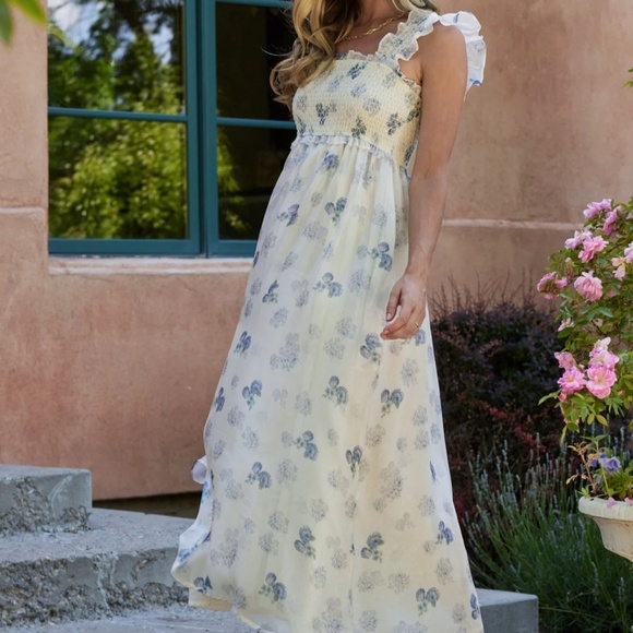 Baltic Born Dresses & Skirts - Baltic Born Cream and Blue Floral Midi Dress